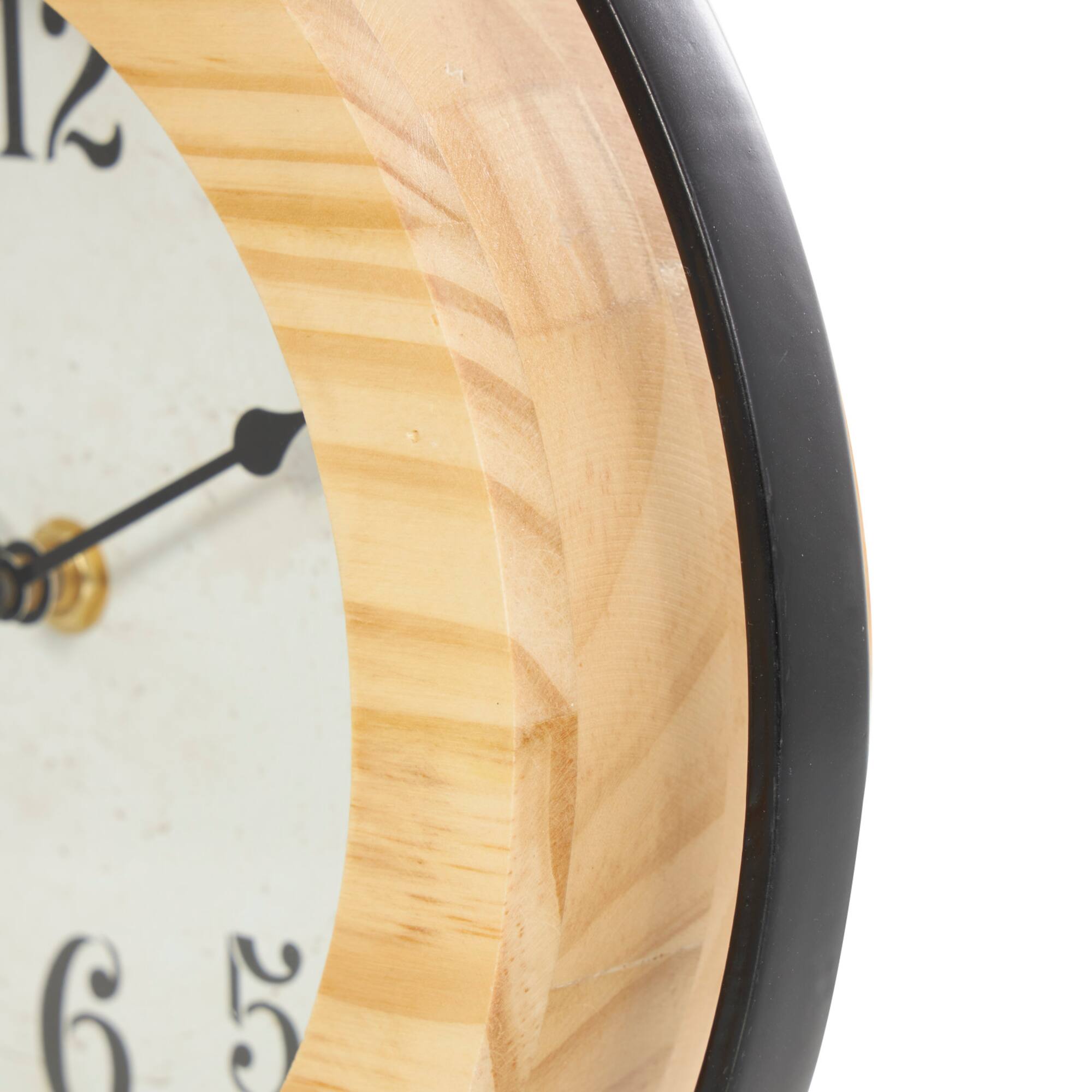 11" Light Brown Wood Clock with Curved Black Metal Stand & Base